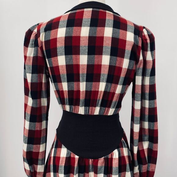 Vintage 80s Gingham Plaid Midi Dress Fit & Flare Shirtdress Collared Red Black 0 - Picture 9 of 11